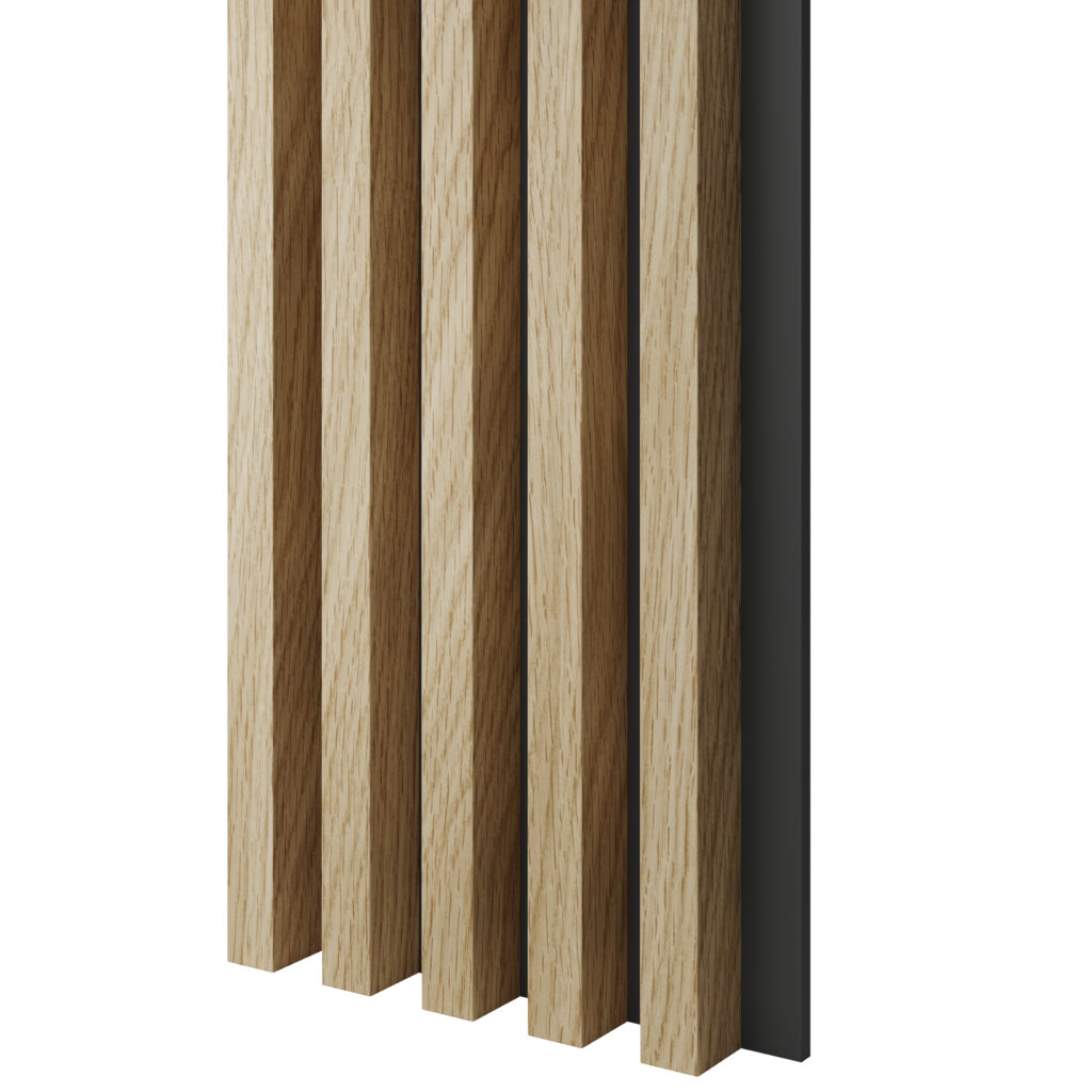 Europinio ąžuolo CPL Premium tašeliai ant juodos/baltos MDF plokštės | 300x46x2750 mm | suformuotas apdailos skydas
