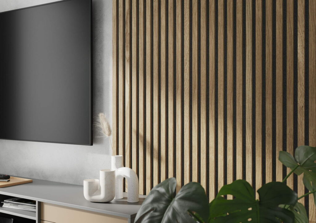 Ąžuolo tašeliai ant juodo akustinio veltinio | suformuotas apdailos skydas| 300x26x2750 mm | kodas - LA30026275NA