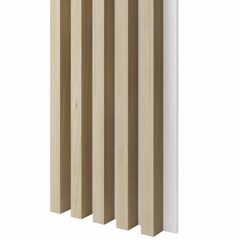 Balinto ąžuolo tašeliai ant baltos MDF plokštės | 300x46x2750 mm | suformuotas apdailos skydas