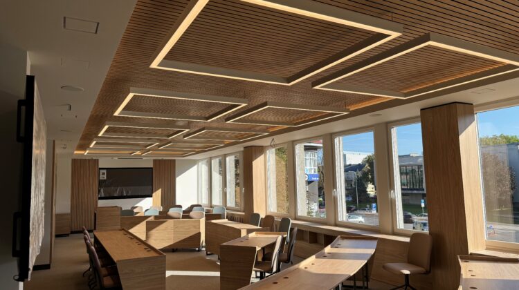 Su „GRAD® concept” tvirtinimo sistema įrengtos linijinės ąžuolo tašelių lubos