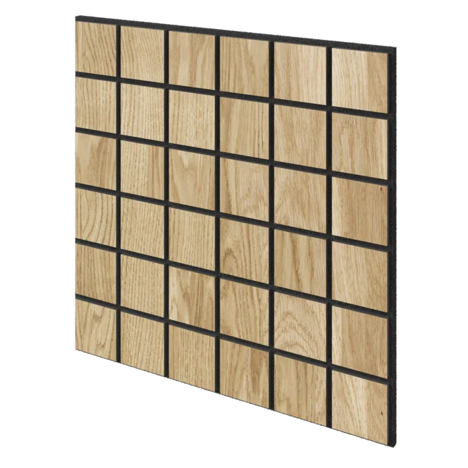 Ąžuolo kvadratai ant juodo akustinio veltinio | 600x600x20 mm